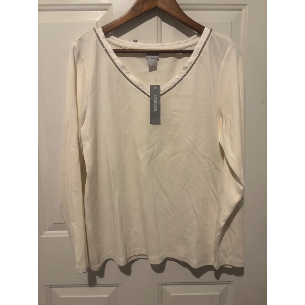 NWT Chico's Blouse‎ Top Ivory Women's V Neck Glitter Size 2 Large Sparkle